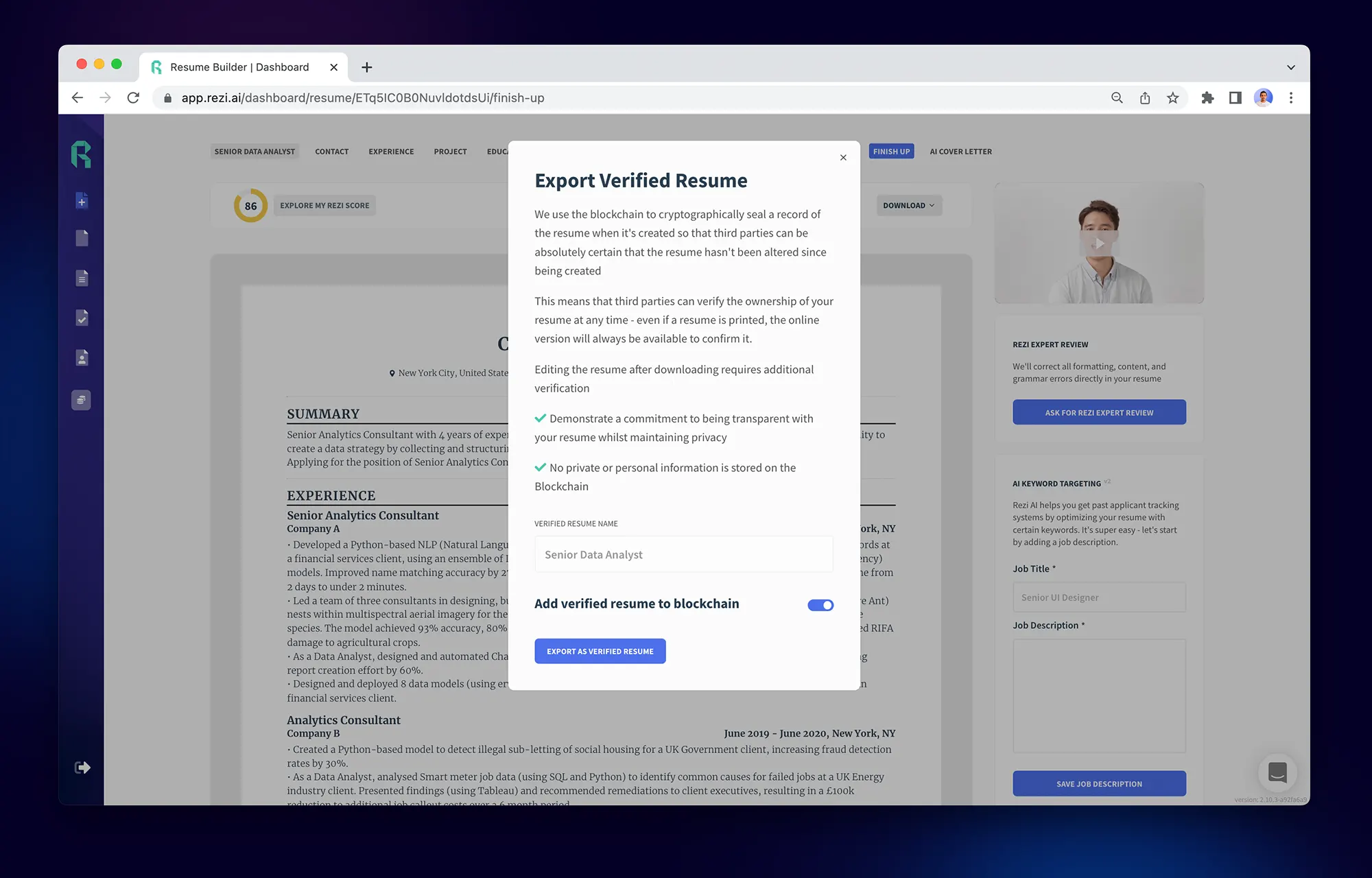 Rezi user docs blockchain verification